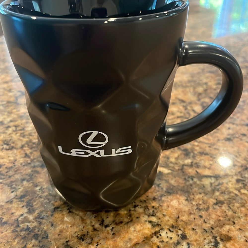 Black Lexus Coffee Mug w White Lettering textured diamond shaped